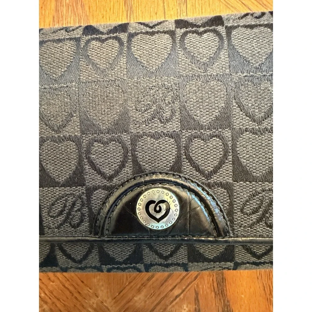 Ladies BRIGHTON Crossbody Organizer Clutch Wallet - Black Leather & Heart Fabric
